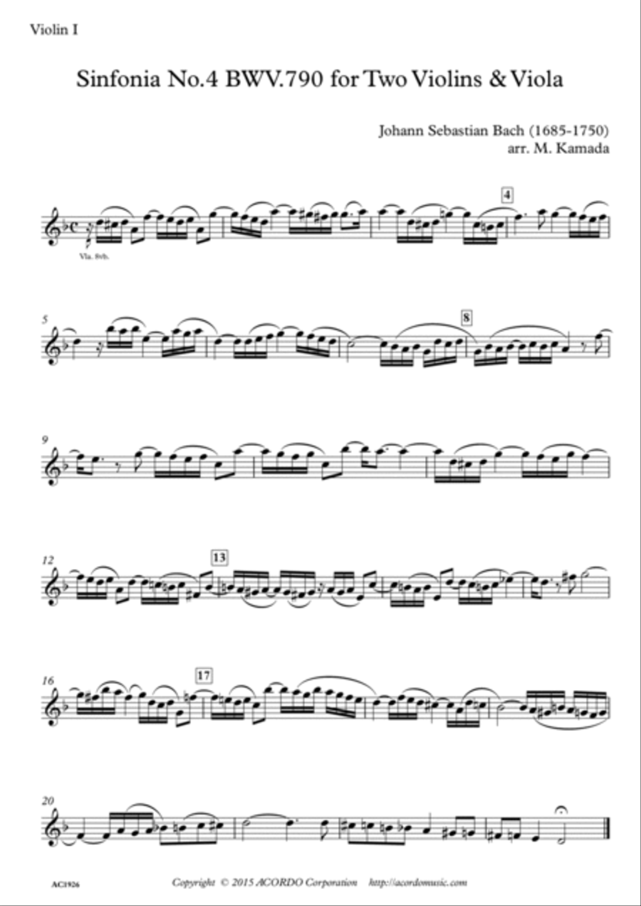 Sinfonia No.4 BWV.790 for Two Violins & Viola String Duet scores gallery preview page 3