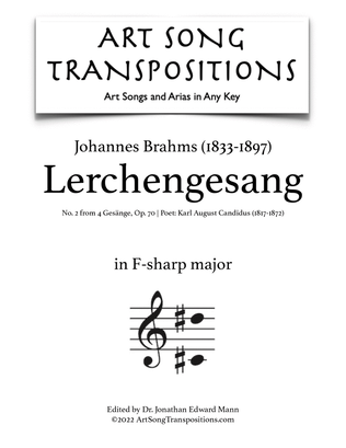 Book cover for BRAHMS: Lerchengesang, Op. 70 no. 2 (transposed to F-sharp major)