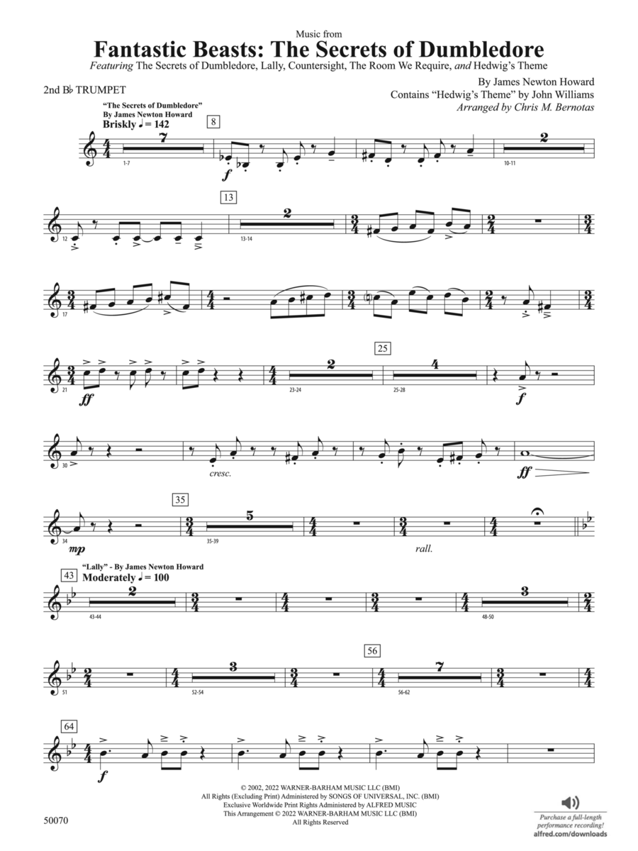 Fantastic Beasts: The Secrets of Dumbledore: 2nd B-flat Trumpet Concert Band scores gallery preview page 1