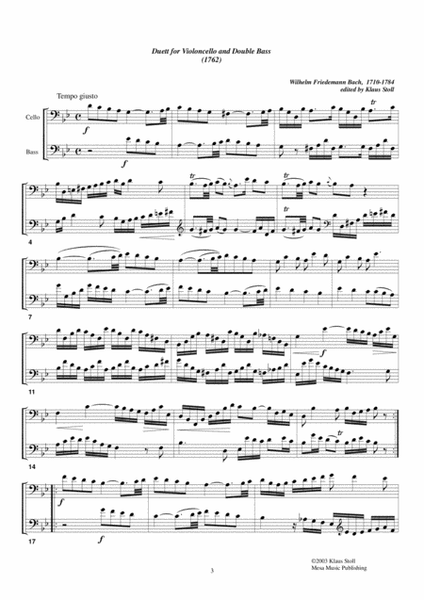 Wilhelm Friedman Bach, Duett (1762) for double bass and cello, transcribed and edited by Klaus St