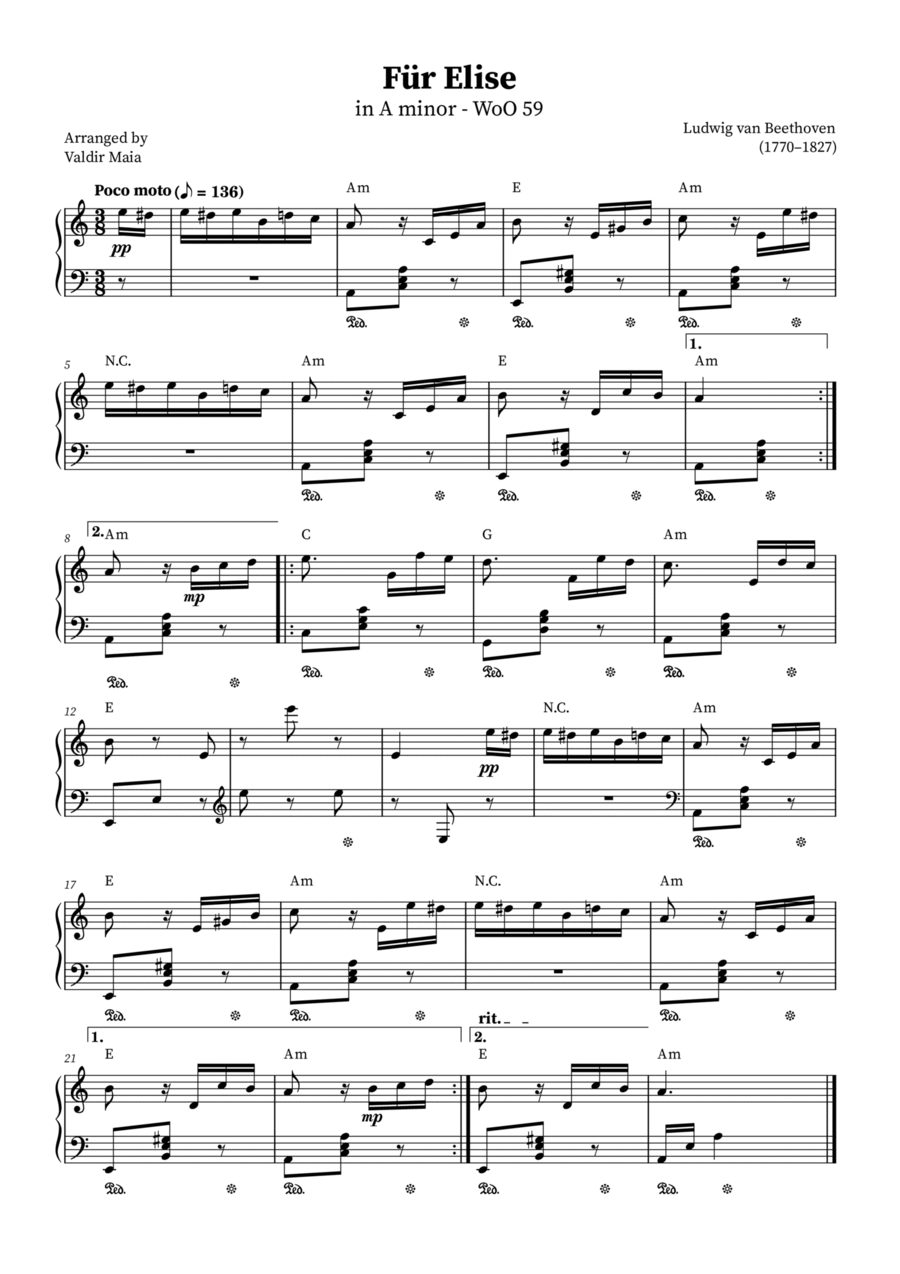 Fur Elise (+CHORDS) Easy Piano scores gallery preview page 1