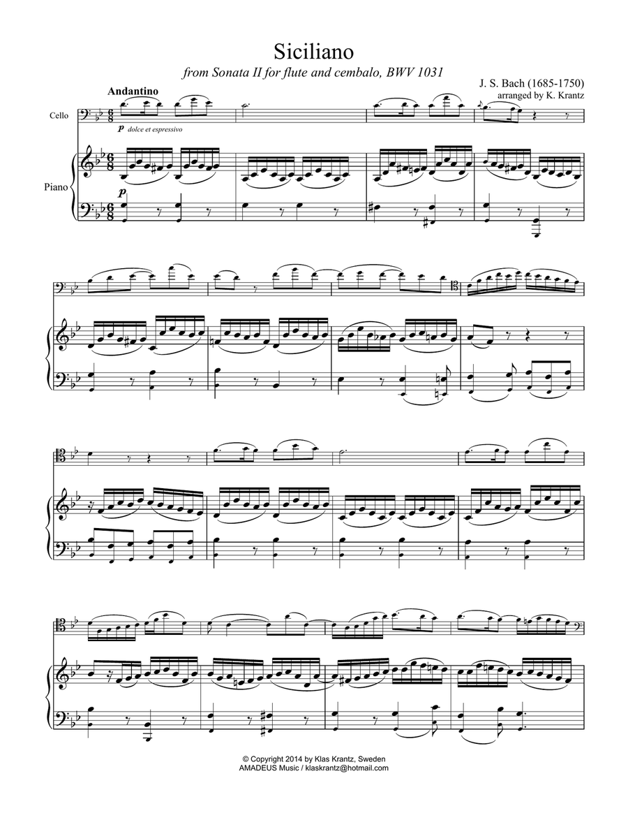 Siciliano BWV 1031 (G Minor) for cello and piano Siciliano BWV 1031 (G Minor) for cello and piano Piano scores gallery preview page 2