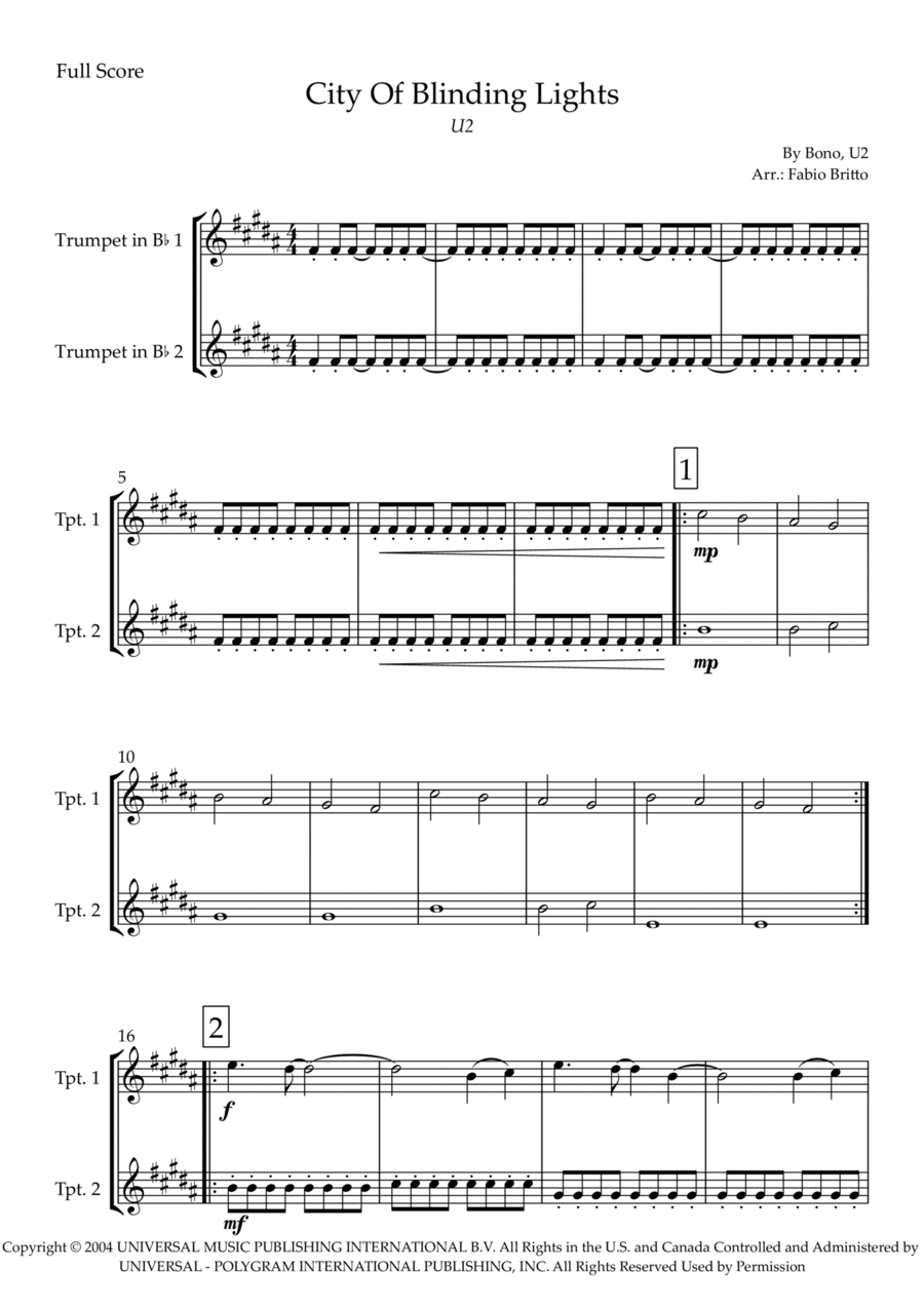 City Of Blinding Lights City Of Blinding Lights Trumpet Duet scores gallery preview page 1