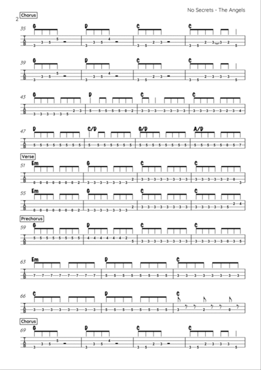 No Secrets Bass Guitar Tablature scores gallery preview page 2
