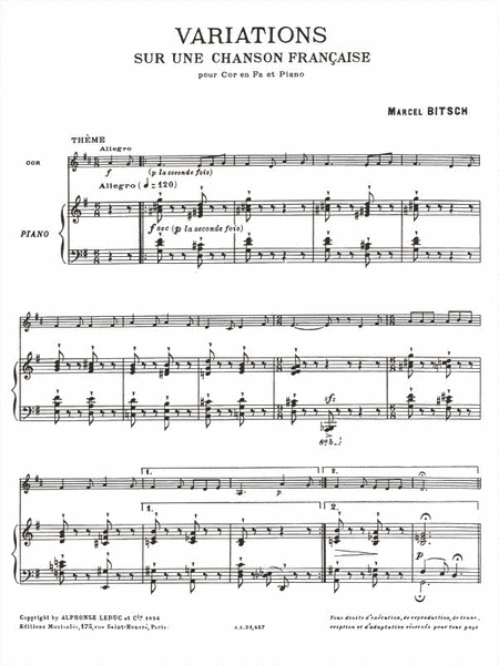 Variations Sur Un Chanson Francaise (horn & Piano)