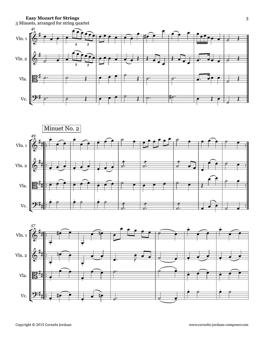 Easy Mozart for Strings - 3 Minuets, arranged for string quartet String Quartet scores gallery preview page 3