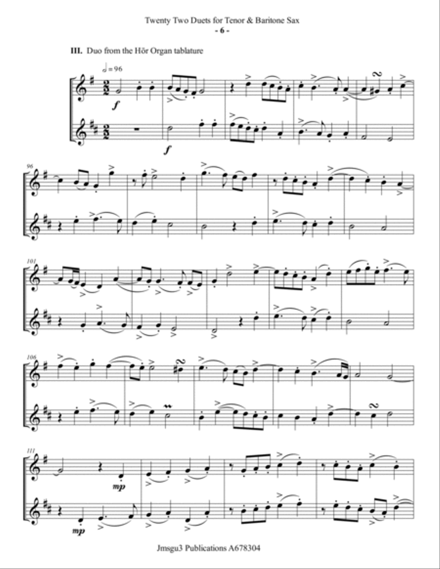 Josquin: 22 Duets for Tenor & Baritone Sax Woodwind Duet scores gallery preview page 6