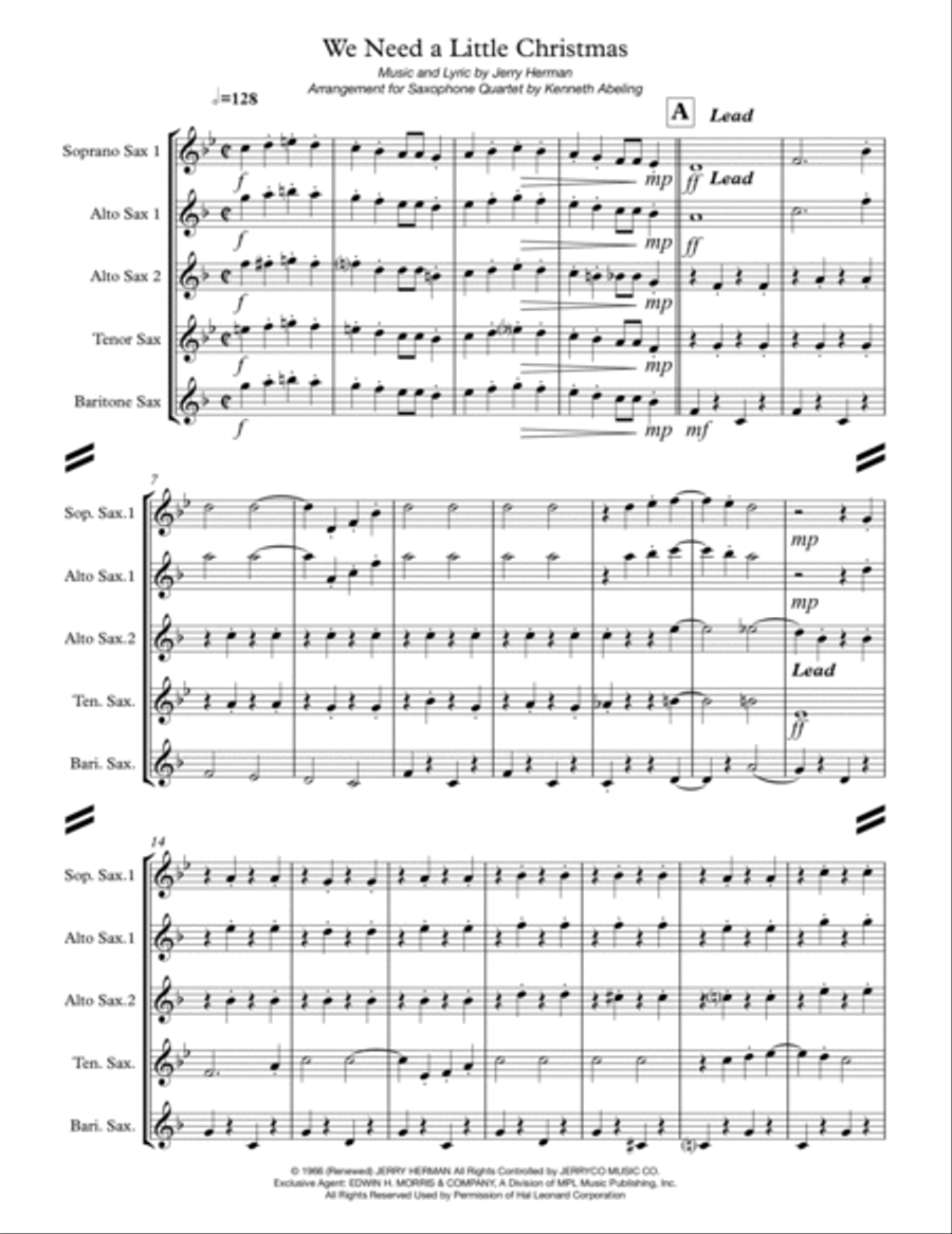 We Need A Little Christmas Saxophone Quartet scores gallery preview page 2