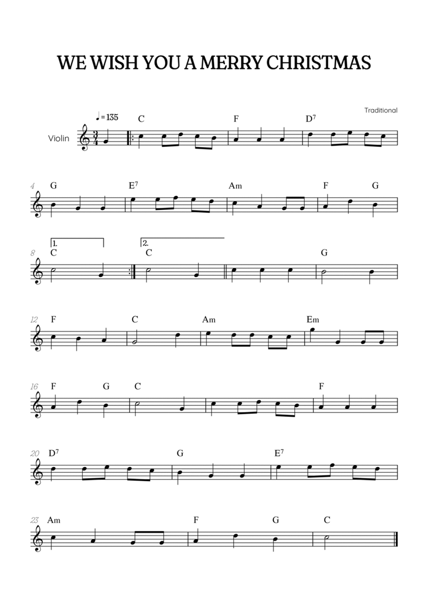 We Wish You a Merry Christmas for violin • easy Christmas sheet music with chords image number null