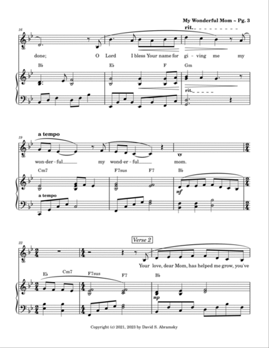 My Wonderful Mom (in Bb) ~ A sweet song (piano+chords+vocal) for Mother's Day or any celebration! Piano, Vocal, Guitar scores gallery preview page 5