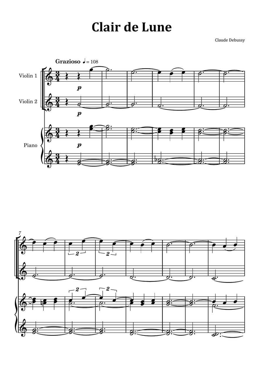 Clair de Lune by Debussy Violin Duet with Piano by Claude