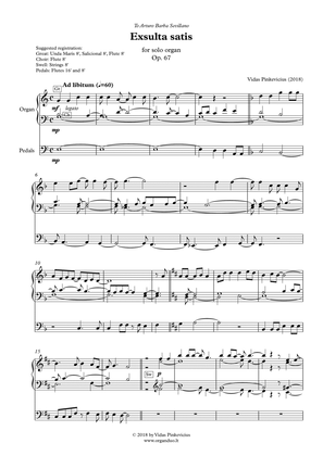 Exsulta satis, Op. 67 (2018) for solo organ by Vidas Pinkevicius