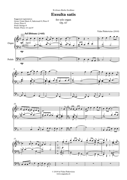 Exsulta satis, Op. 67 (2018) for solo organ by Vidas Pinkevicius image number null