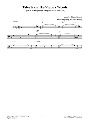 Tales from the Vienna Woods - Wedding Lead Sheet for Cello Solo (Bass Clef)