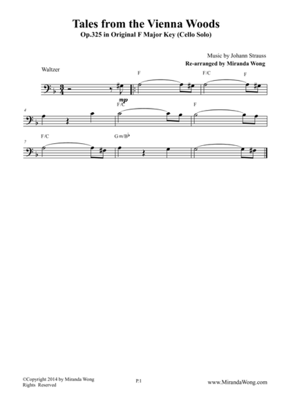 Tales from the Vienna Woods - Wedding Lead Sheet for Cello Solo (Bass Clef) image number null