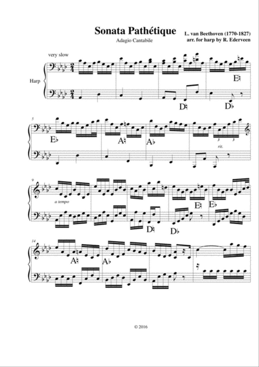 Sonata Pathétique (Beethoven) - Adagio - pedal harp solo Pedal Harp scores gallery preview page 1