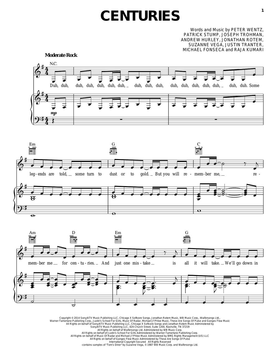 Centuries Centuries Piano, Vocal, Guitar scores gallery preview page 1