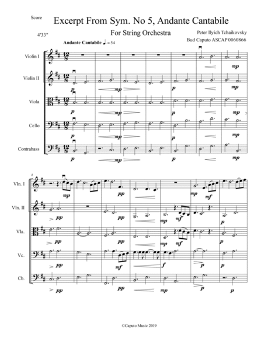 Excerpt from Tchaikovsky, Symphony. No. 5, Movement II, Arr. for Strings String Orchestra scores gallery preview page 2