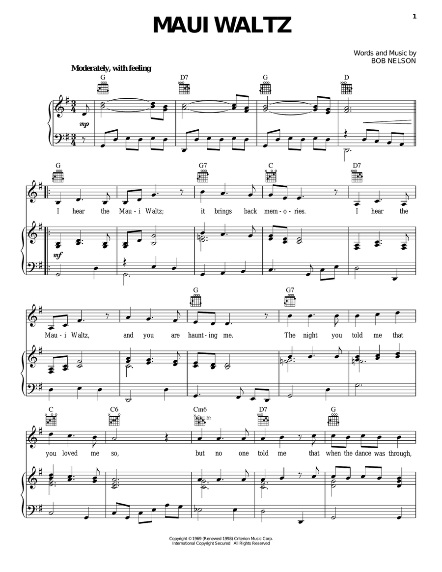 Maui Waltz Piano, Vocal, Guitar scores gallery preview page 1