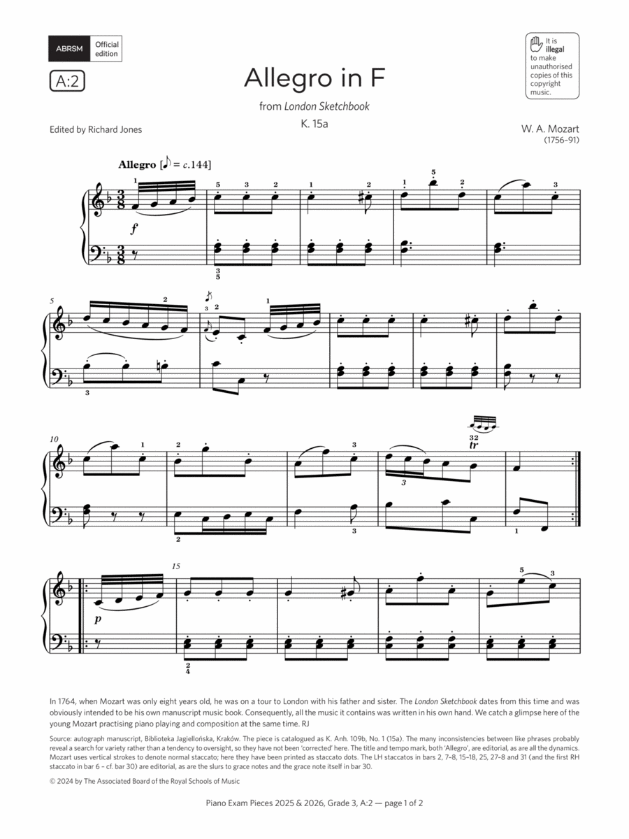 Allegro in F (Grade 3, list A2, from the ABRSM Piano Syllabus 2025 & 2026) Piano Method scores gallery preview page 1