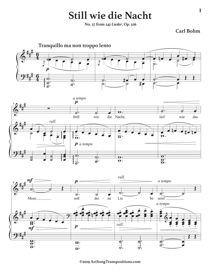 BOHM: Still wie die Nacht, Op. 326 no. 27 (transposed to A major) Voice scores gallery preview page 2
