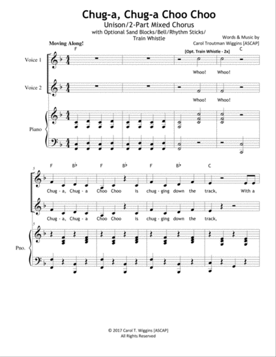 Chug-a Chug-a Choo Choo (Unison/2-Part Mixed Chorus with Optional Sand Blocks/Bell/Rhythm Sticks/Tra Unison Choir scores gallery preview page 1