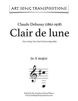 Book cover for DEBUSSY: Clair de lune (first setting, transposed to A major)