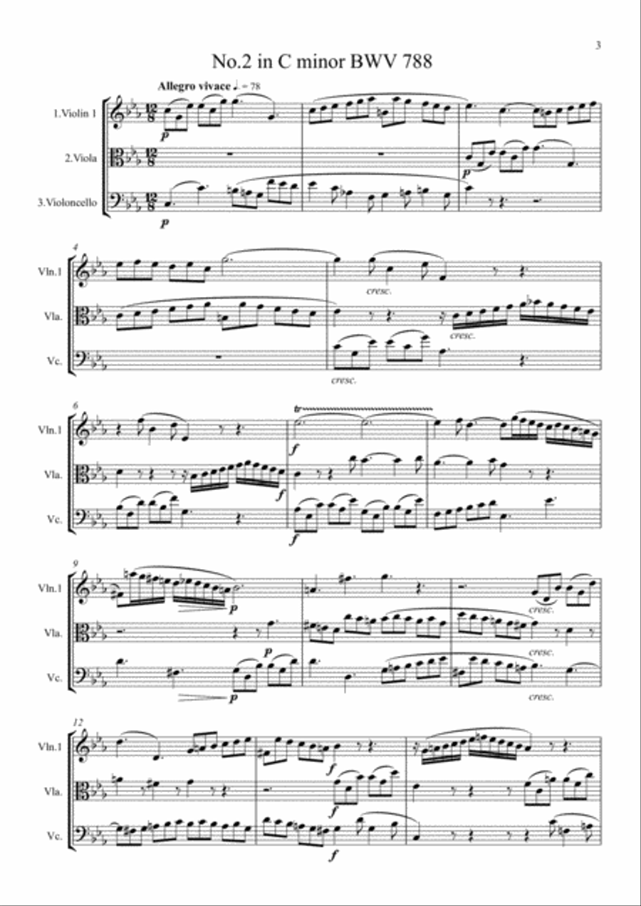 Bach: A Selection of Sinfonias (Three part Inventions Nos.1,2,4,6,8,9 & 11.) -String Trio String Trio scores gallery preview page 3