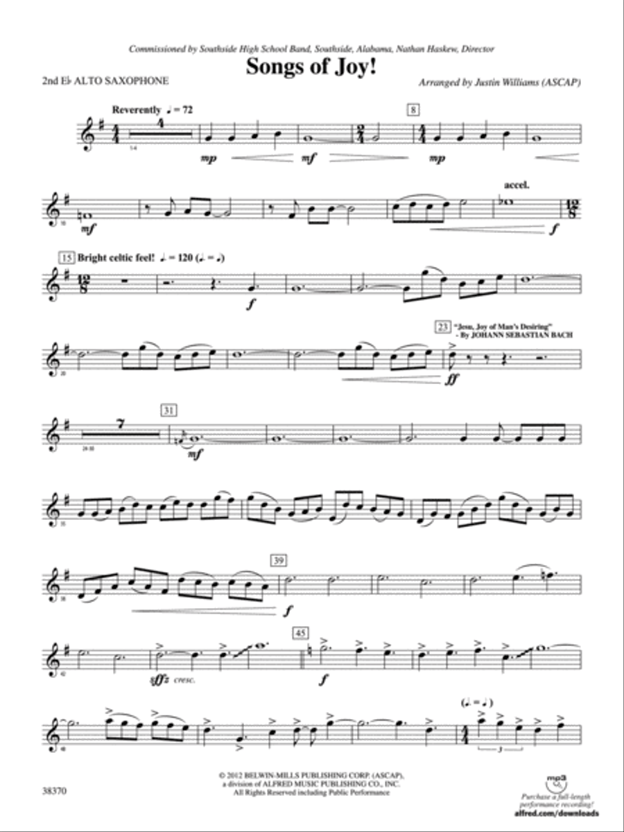 Songs of Joy!: 2nd E-flat Alto Saxophone Concert Band scores gallery preview page 1