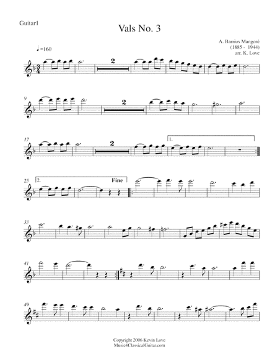 Vals No. 3 (Guitar Quartet) - Score and Parts Guitar Ensemble scores gallery preview page 6
