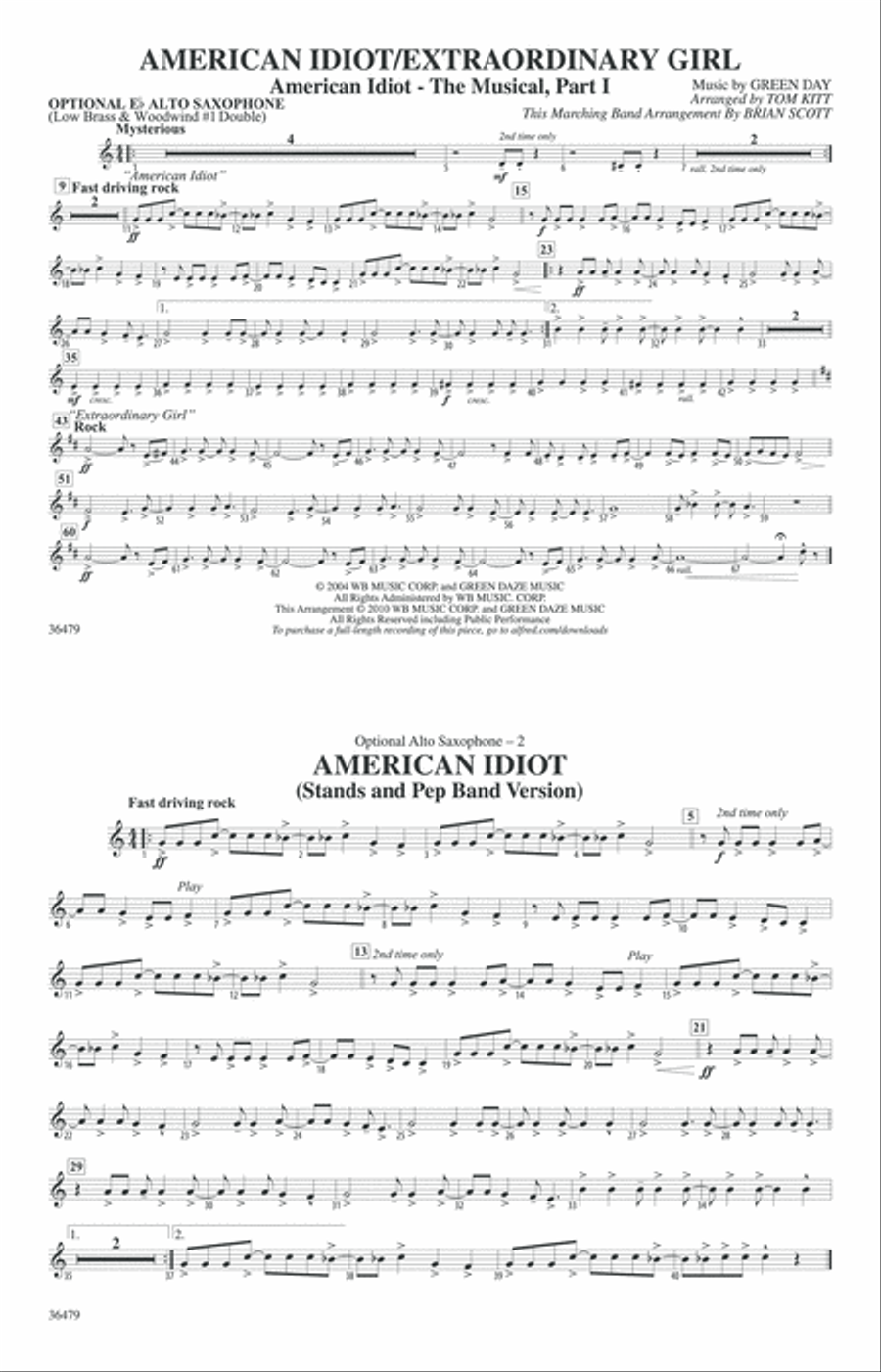 American Idiot / Extraordinary Girl: Optional Alto Sax Marching Band scores gallery preview page 1