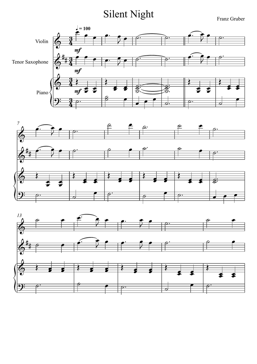 Franz Gruber - Silent Night (Violin and Tenor Saxophone Duet) Small Ensemble scores gallery preview page 1