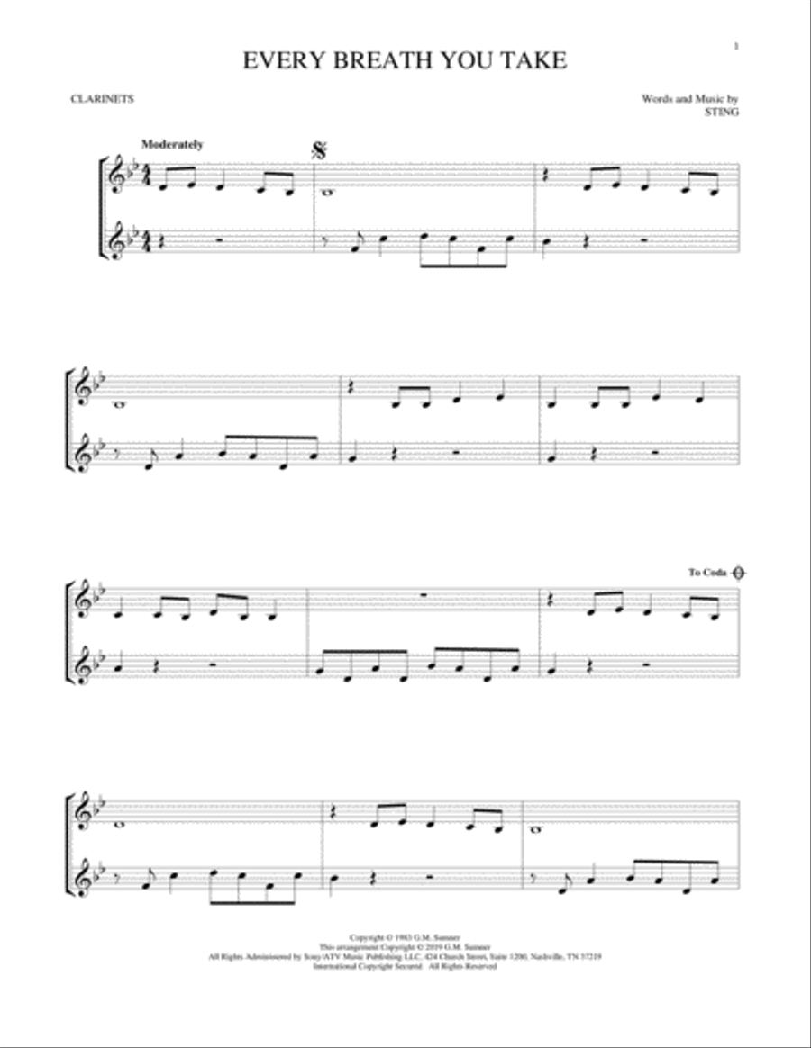 Every Breath You Take Clarinet Duet scores gallery preview page 1