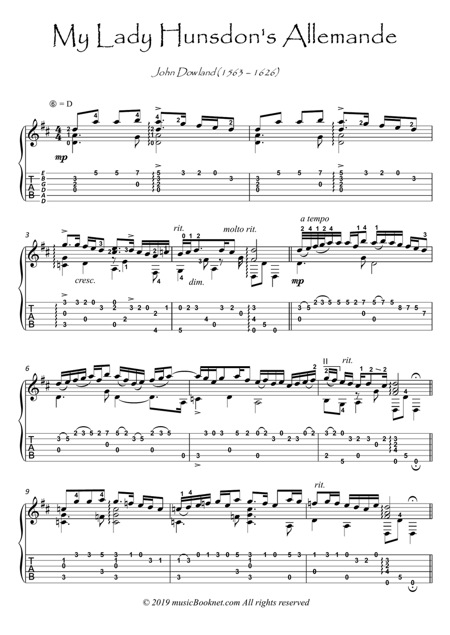 My Lady Hunsdon's by Dowland Acoustic Guitar scores gallery preview page 1