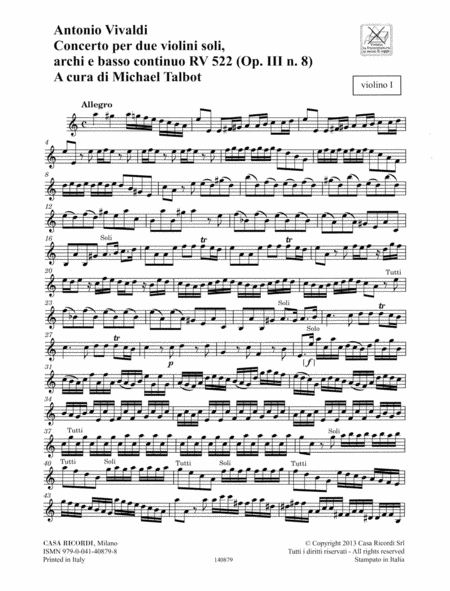 Concerto Rv 522 (op. 3 No. 8) Crit Ed Per Due Violini Soli, Archi E Basso Conintuo Pts