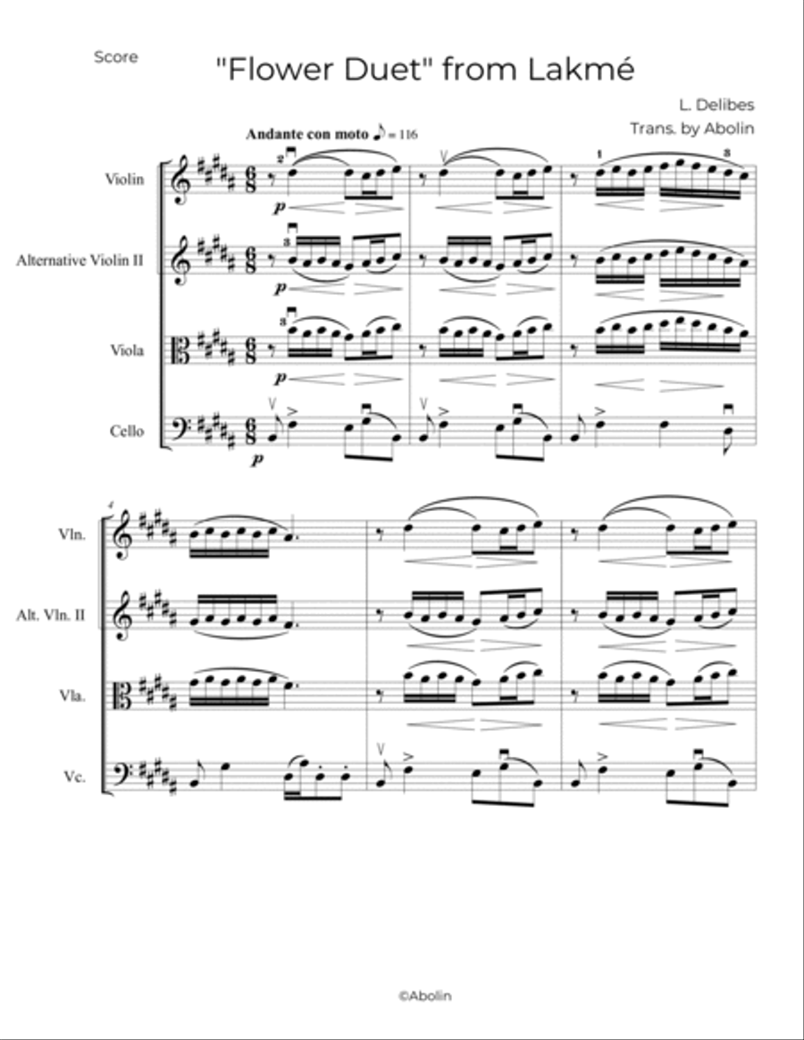 Delibes: Flower Duet from Lakme - String Trio, or 2 Violins and Cello String Trio scores gallery preview page 2