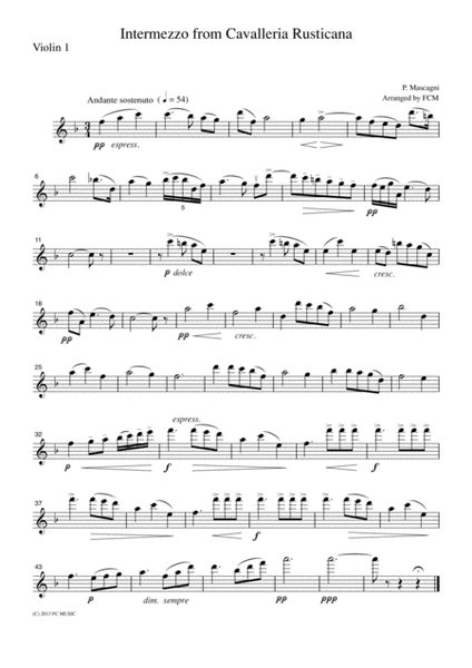 Mascagni Intermezzo from Cavalleria Rusticana, for Piano Quintet. PM901 image number null