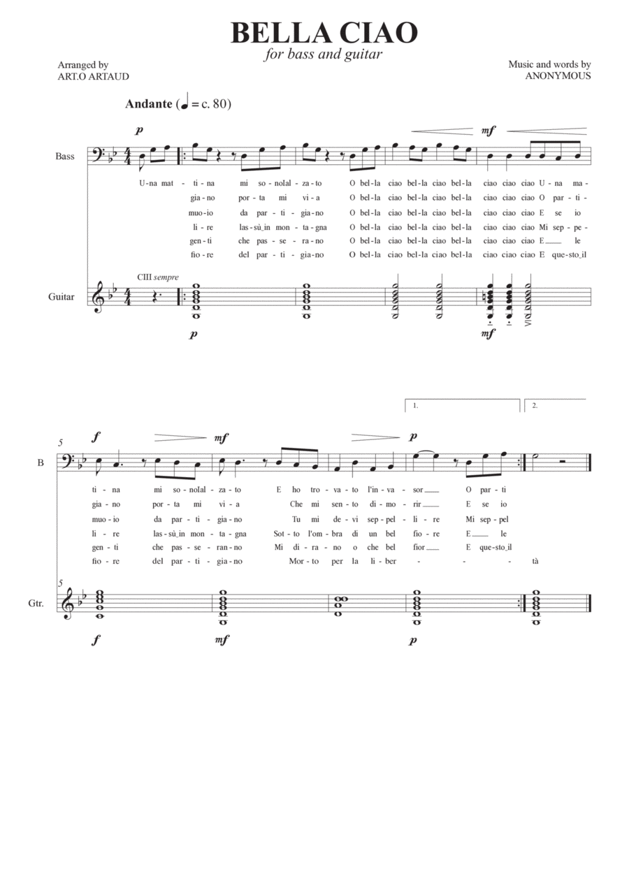 Bella Ciao Bella Ciao Bass Voice scores gallery preview page 1
