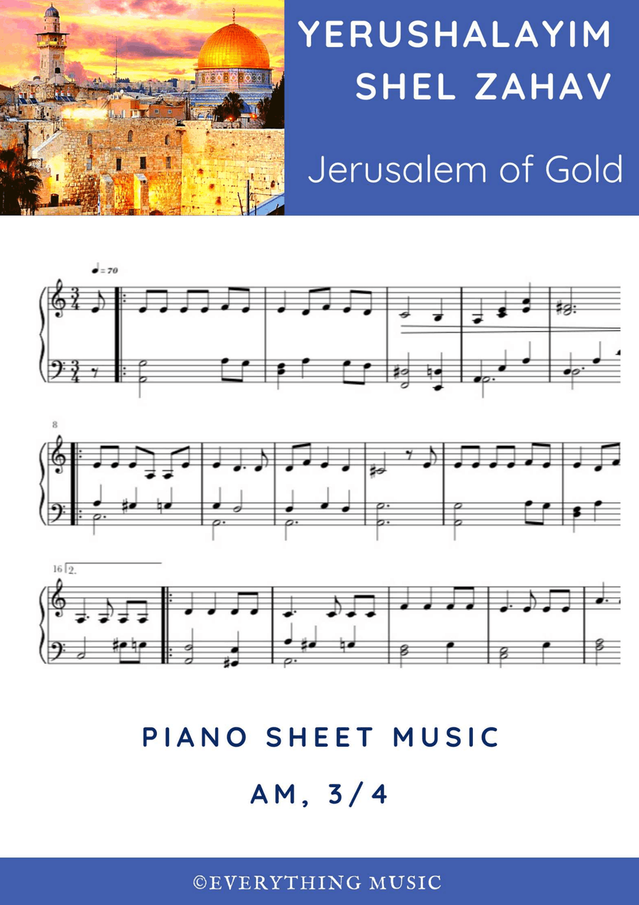 Jerusalem of Gold | Yerushalayim Shel Zahav piano sheet music Easy Piano scores gallery preview page 1
