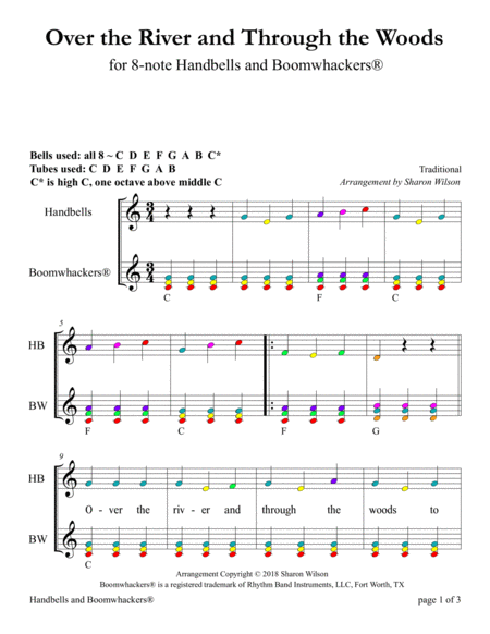 Over the River and Through the Woods for 8-note Bells and Boomwhackers (with Color Coded Notes) image number null