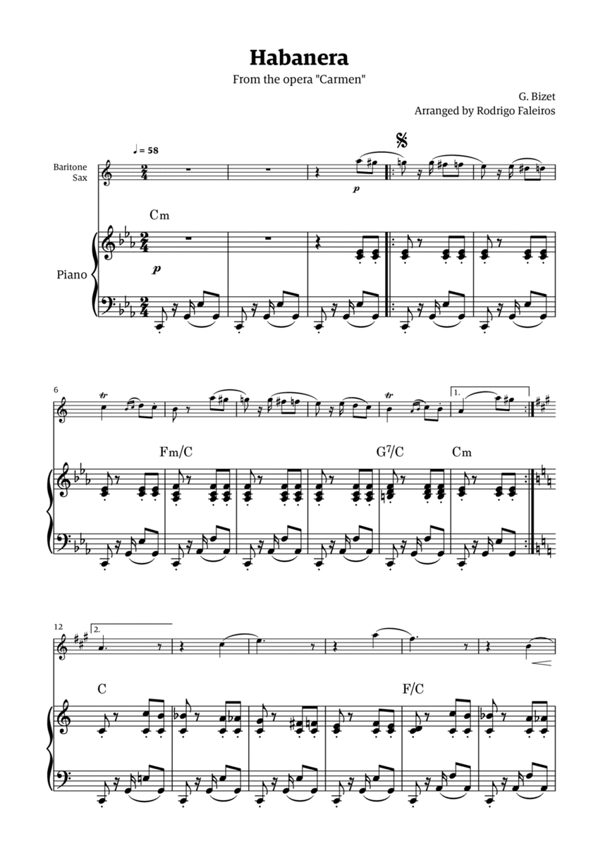 Habanera (for solo baritone sax w/ piano accompaniment) image number null