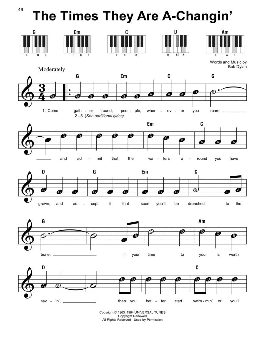 The Times They Are A-Changin' Easy Piano scores gallery preview page 1
