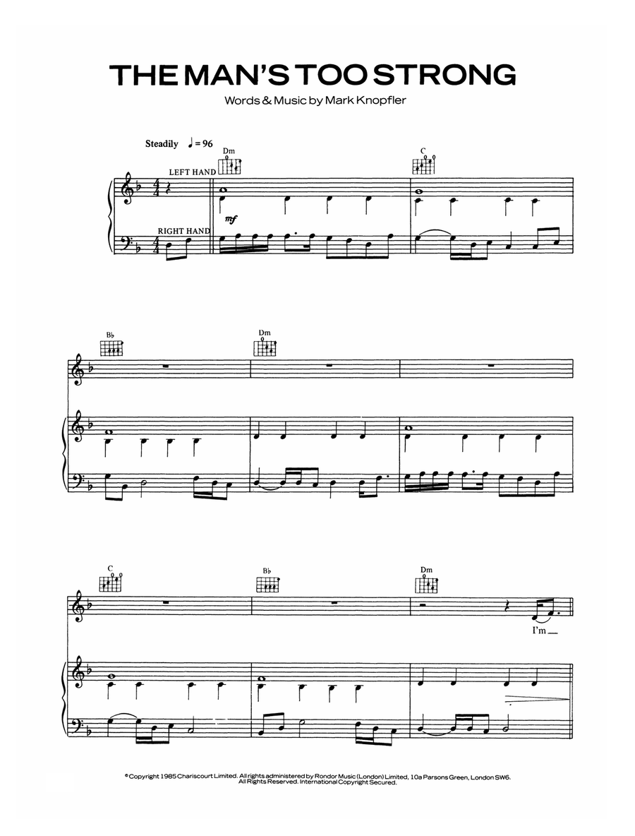 The Man's Too Strong Piano, Vocal scores gallery preview page 1