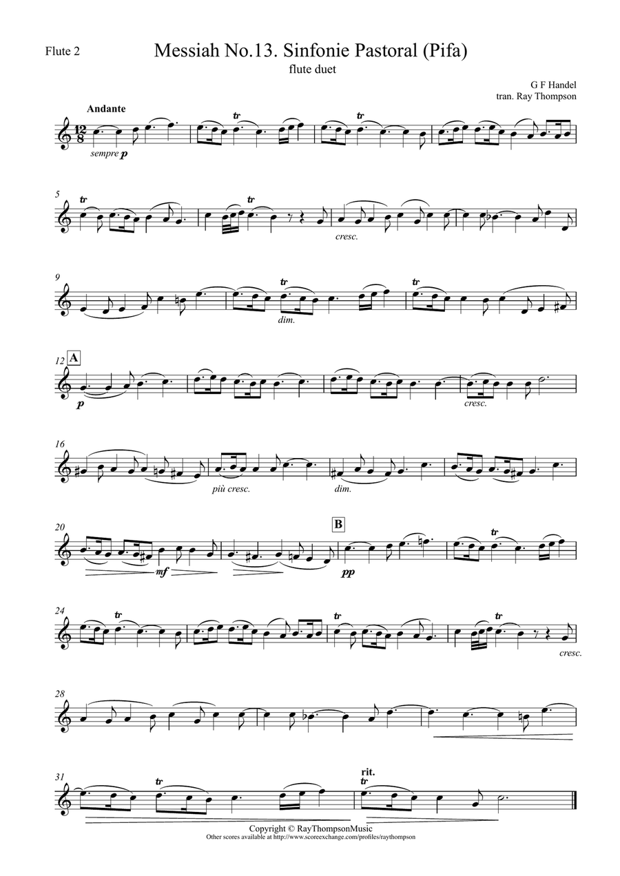 Handel: Sinfonie Pastoral (Pastoral Symphony)(Pifa) from The Messiah (Der Messias) - flute duet Flute Duet scores gallery preview page 2