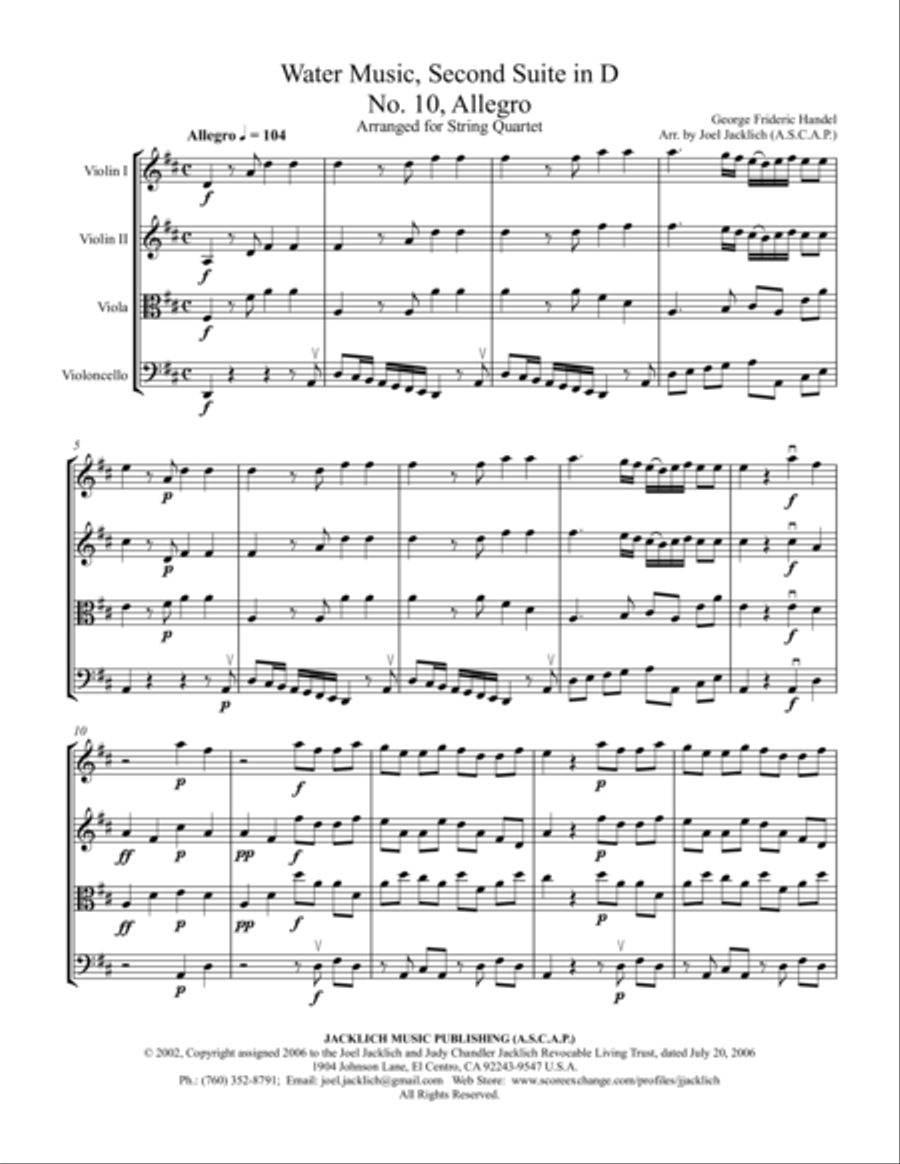 Water Music, Second Suite in D Major (for String Quartet) String Quartet scores gallery preview page 2