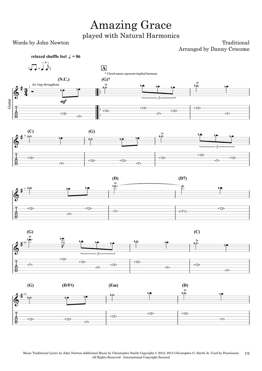 Amazing Grace (played with Natural Harmonics) Guitar Tablature scores gallery preview page 1