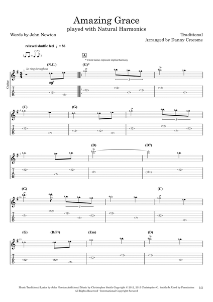 Amazing Grace (played with Natural Harmonics) by John Newton Guitar Tablature - Digital Sheet Music