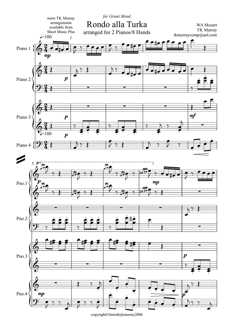 Mozart - Rondo alla Turca - 2 Pianos, 8 Hands Piano Duet scores gallery preview page 1