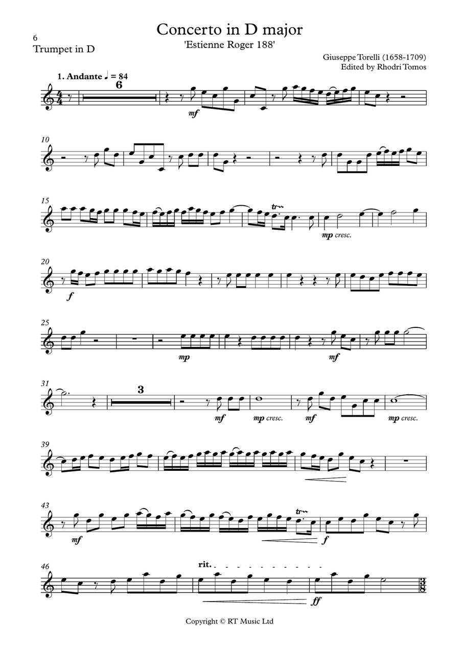 Torelli Concerto in D 'Estienne Roger 188'. Trumpet solo parts. C Trumpet scores gallery preview page 6