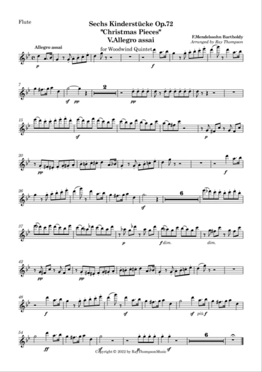 Mendelssohn: Sechs Kinderstücke (6 Christmas Pieces) Op.72 No.5 of 6 Allegro assai - wind quintet Woodwind Quintet scores gallery preview page 6